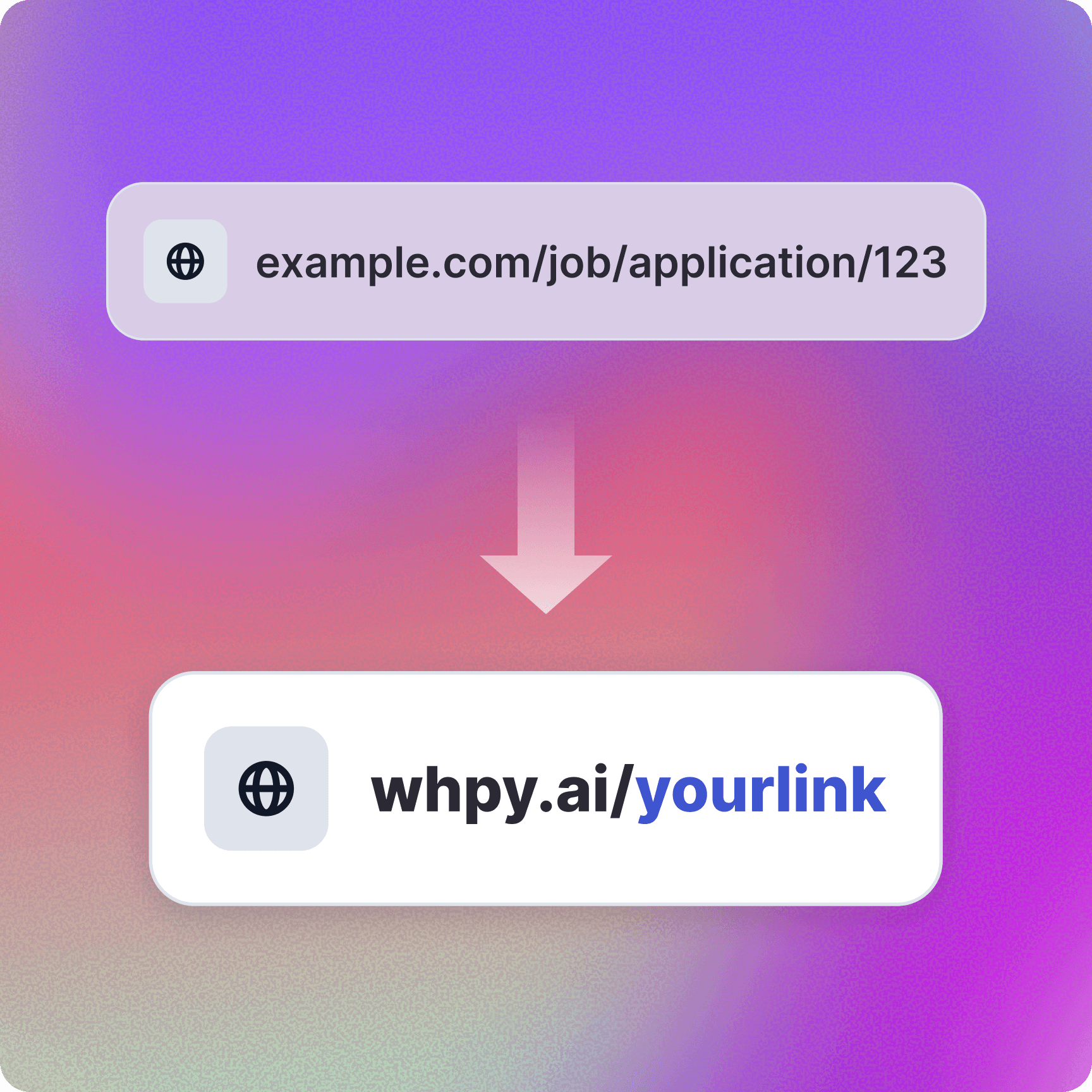 Illustration of automatic link shortening showing a long URL converted into a shorter branded link using whpy.ai for easier sharing and tracking