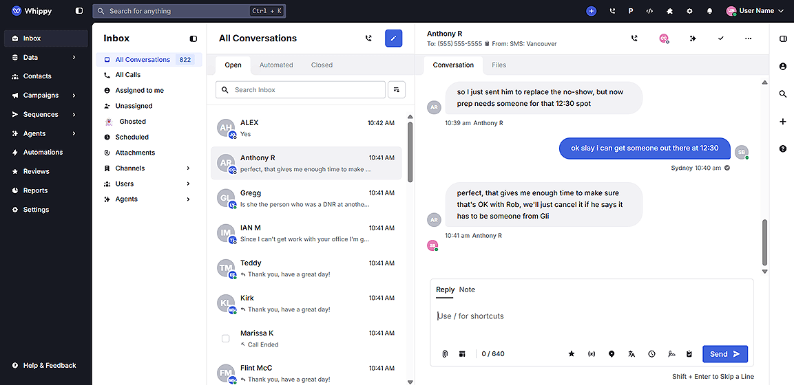 Whippy Chrome Extension inbox showing an SMS conversation and messaging tools integrated into the browser.