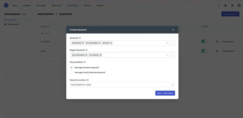 Whippy keyword automation setup showing positive and negative keywords, matching rules, and location targeting options
