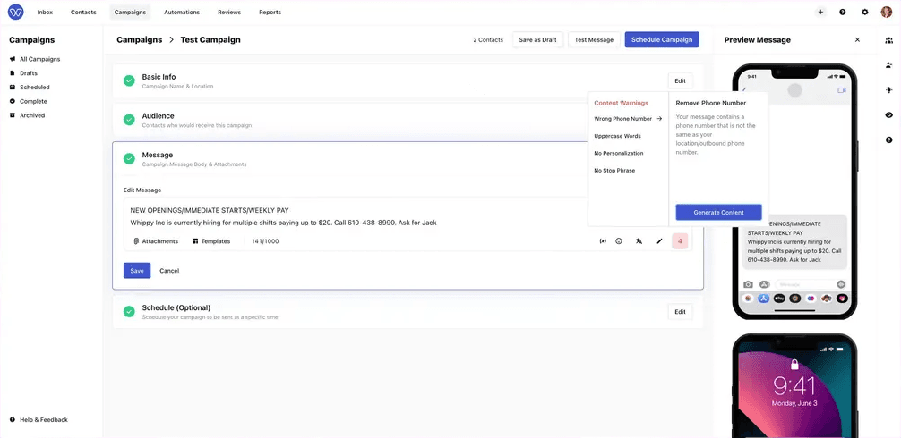 Whippy Campaign editor showing content warnings for SMS campaigns, including wrong phone number, uppercase words, missing personalization, and stop phrase checks with AI content generation and message preview