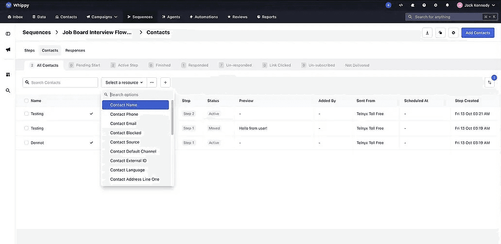 Whippy Sequences dashboard showing Job Board Interview Flow contacts, with contact list, step status, message previews, scheduling details, and an advanced filtering menu for searching contact attributes
