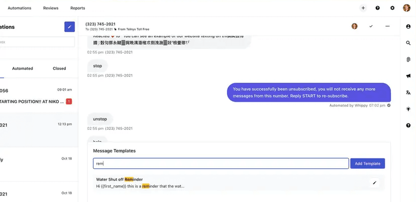 Whippy inbox showing message template search and selection for quickly inserting saved responses into conversations