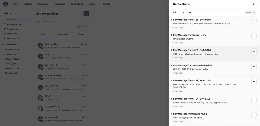 Whippy inbox showing the notifications panel with recent incoming messages and archived notification options