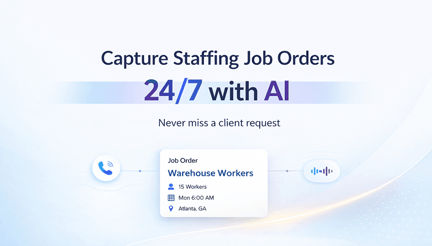 AI agent capturing staffing job orders 24/7 for warehouse workers, showing automated client request intake with call and voice AI icons for staffing agencies.