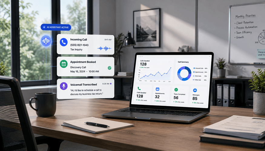 Modern CPA office workspace with AI virtual assistant dashboard showing incoming calls, appointment booking, voicemail transcription, and business analytics on a laptop in a bright professional accounting office