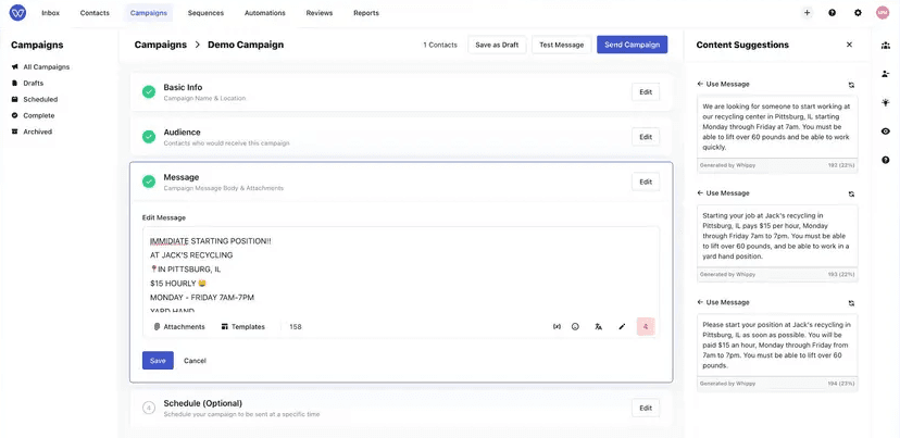 Whippy campaign editor showing AI-generated content suggestions for creating and refining SMS campaign messages