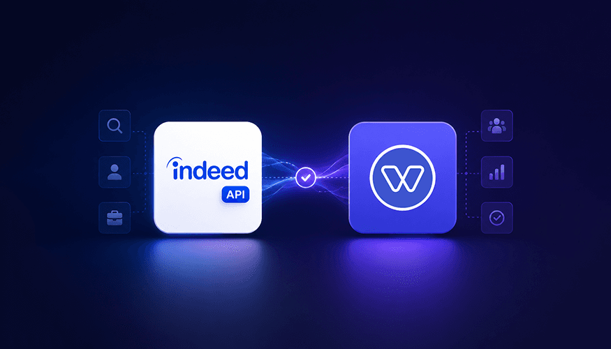 Whippy.ai and Indeed API integration illustration showing automated ATS recruiting workflow with candidate syncing, hiring automation, and seamless recruitment data connection on a modern dark SaaS interface
