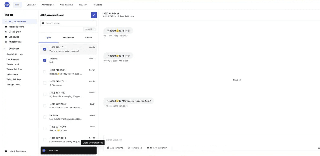 Whippy inbox showing multiple conversations selected for bulk closing and conversation management
