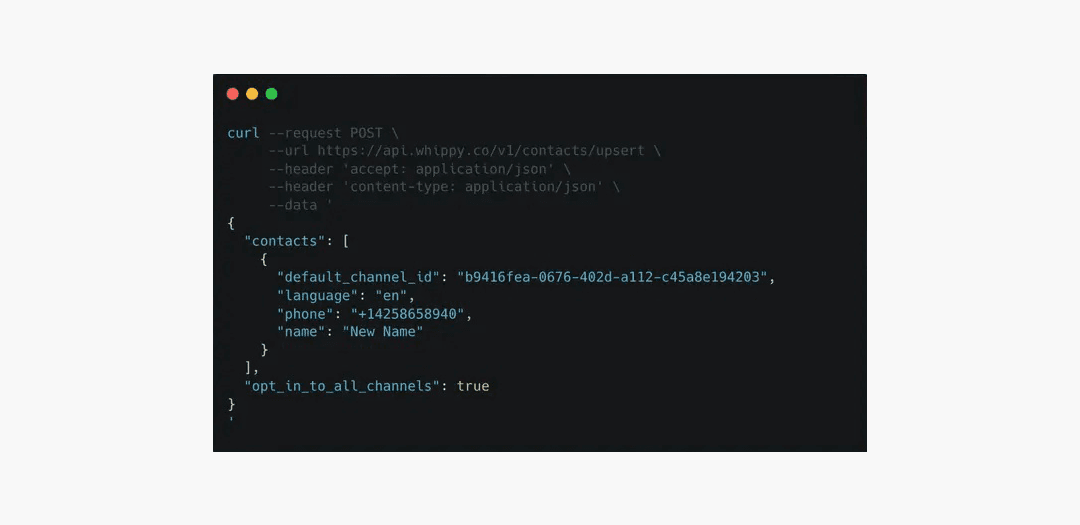 Whippy API curl example for batch upserting contacts via POST to /v1/contacts/upsert