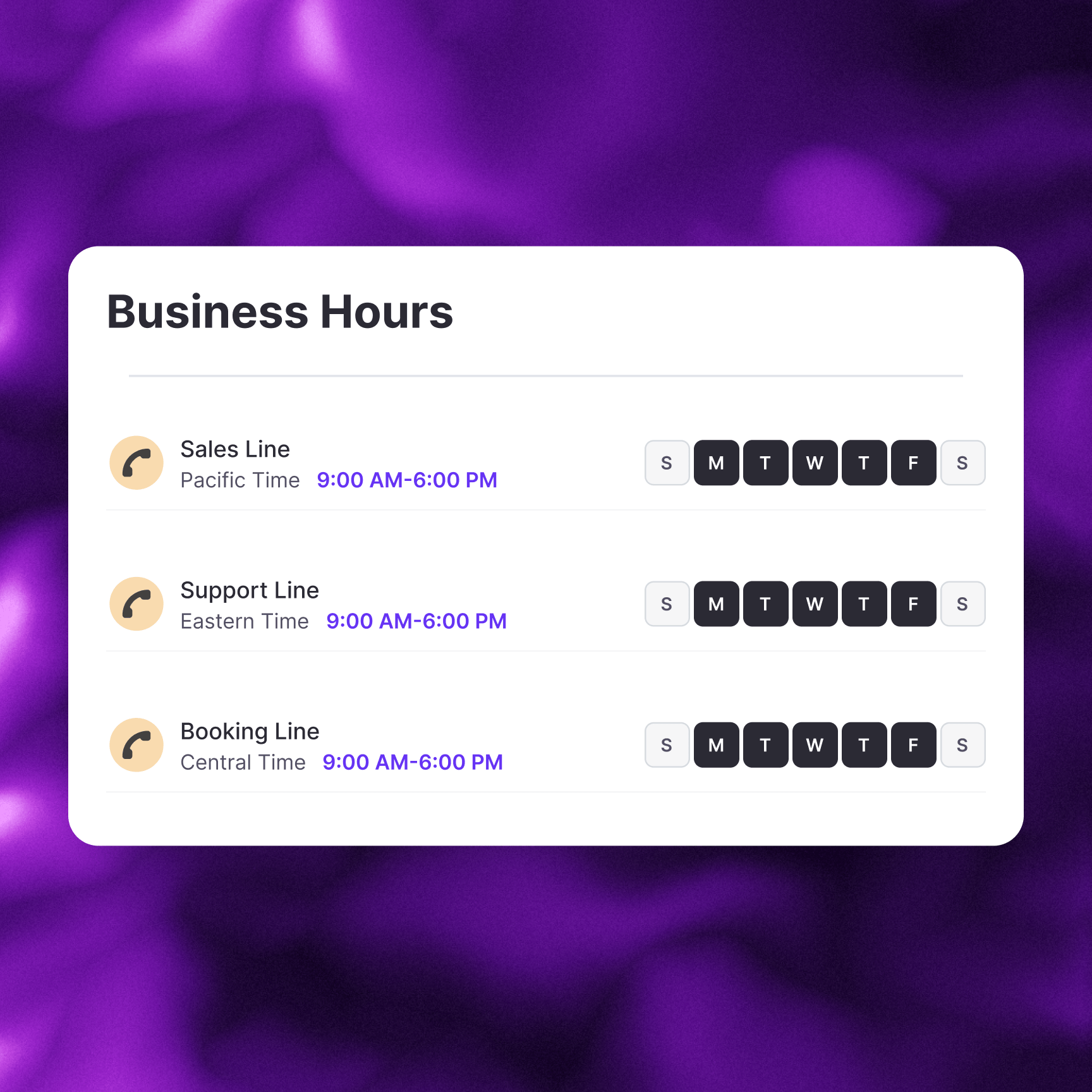 Business hours settings showing sales, support, and booking phone lines with weekday availability from 9:00 AM to 6:00 PM across different time zones
