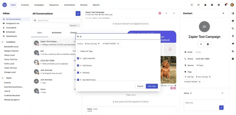Whippy inbox showing updated contact tagging with tag search, multi-select options, and custom tags for conversation management