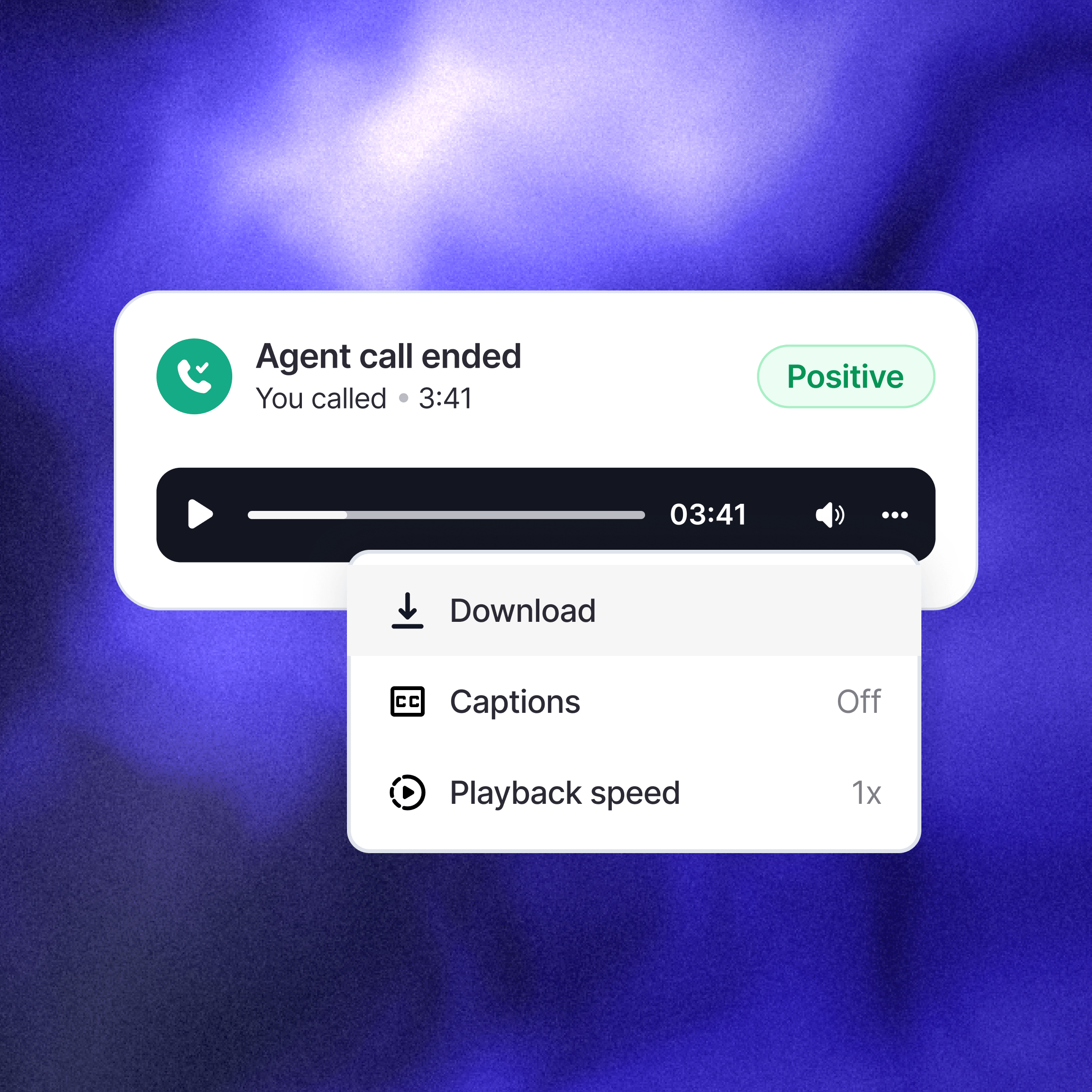 Call recording player showing a completed agent call marked Positive, with an open options menu for download, captions, and playback speed