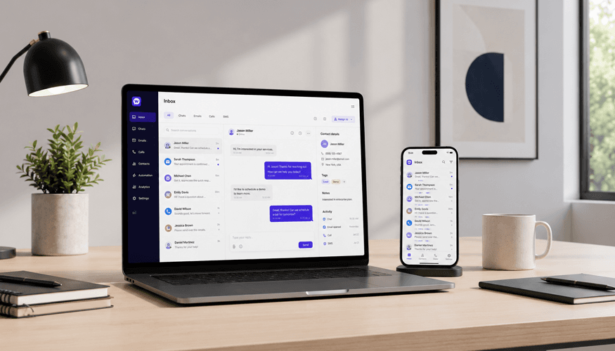Professional omnichannel messaging workspace featuring a modern SaaS communication platform displayed on laptop and mobile devices in a minimalist office environment, showcasing a unified inbox for SMS, chat, email, and calls with clean UI design and natural lighting