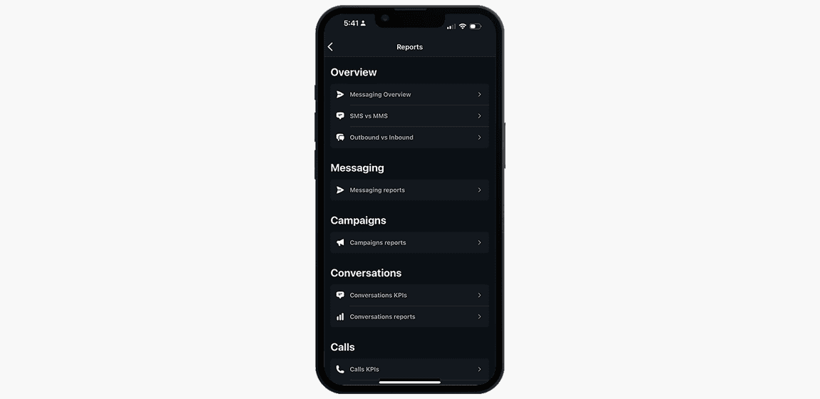 Mobile messaging platform reports dashboard showing SMS and MMS analytics, outbound vs inbound messaging, campaign reports, conversation KPIs, and call performance metrics in a dark mode interface.