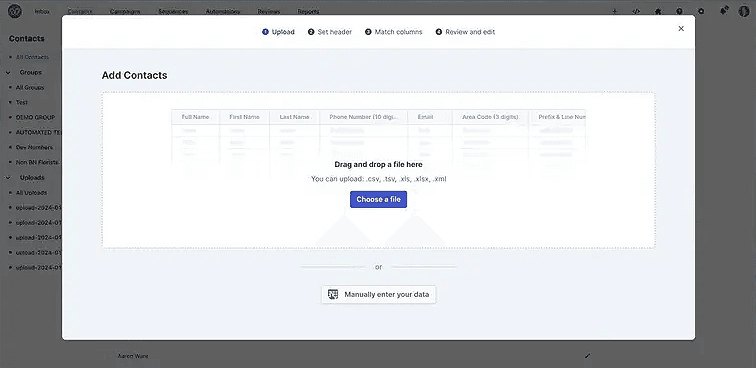 Whippy bulk contact import showing file upload, manual entry, field matching, duplicate detection, and review steps