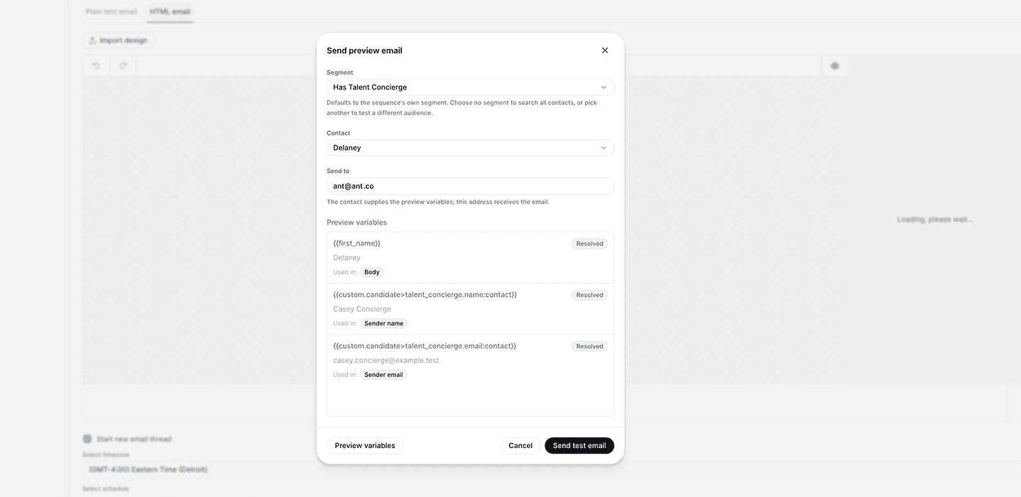 Whippy email preview showing resolved contact, sender name, and sender email variables before sending a test email