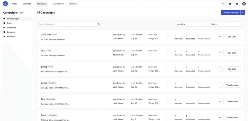 Whippy All Campaigns dashboard showing draft and completed campaigns with search, location and user filters, delivery, response and unsubscribe metrics, and options to edit drafts or view campaign results