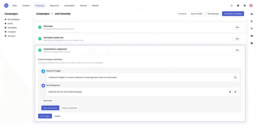 Whippy campaign automation builder showing a keyword trigger and automated response configured for a specific campaign