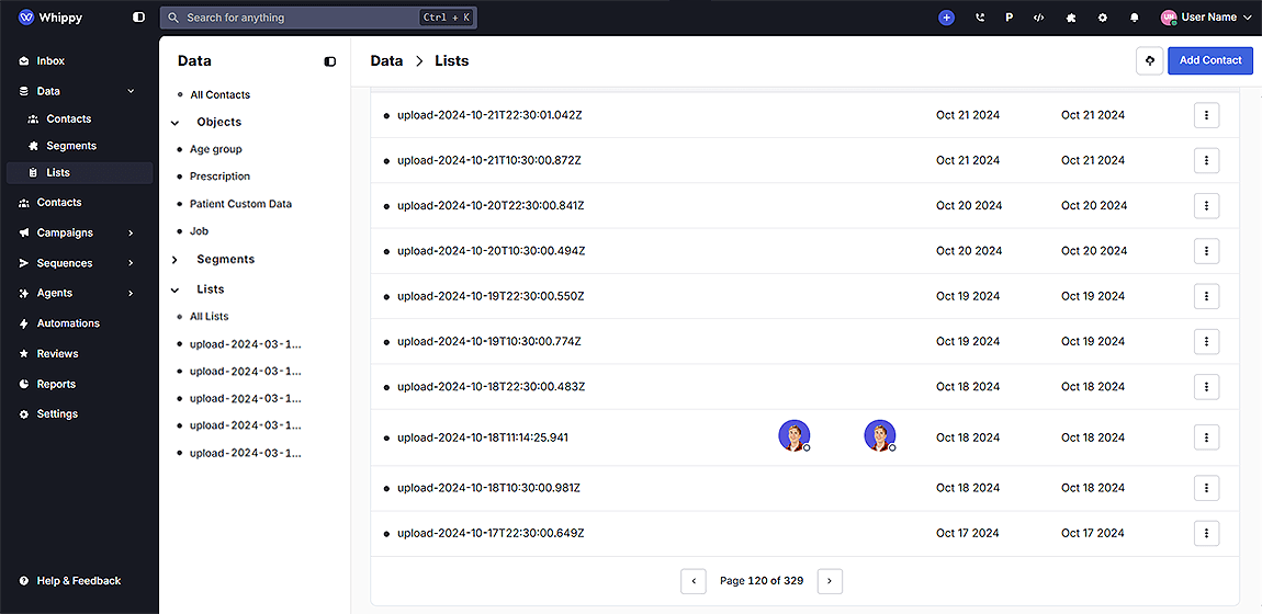 Whippy dashboard Lists page showing uploaded contact lists with timestamps and update dates.