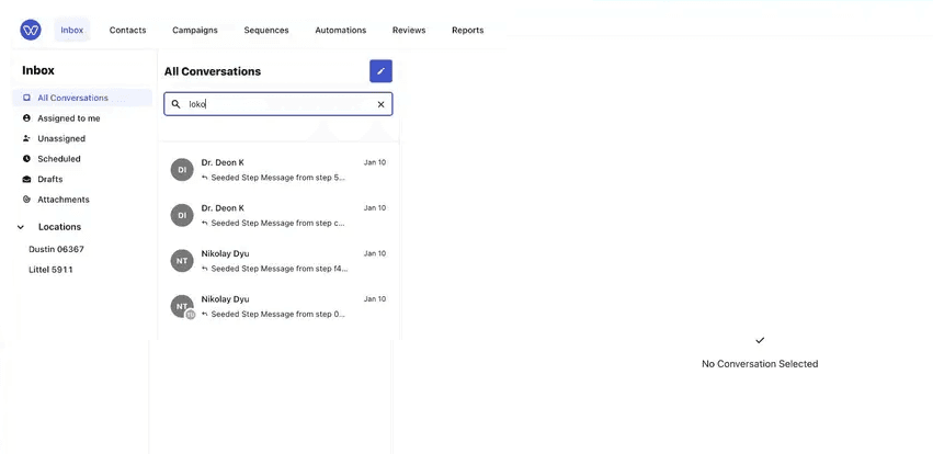 Whippy inbox showing contact search results filtered by a keyword in the All Conversations view