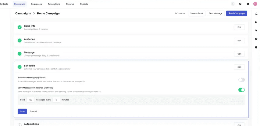 Whippy campaign builder screenshot showing batch sending settings with messages scheduled in controlled batches to prevent over-sending during bulk SMS campaigns