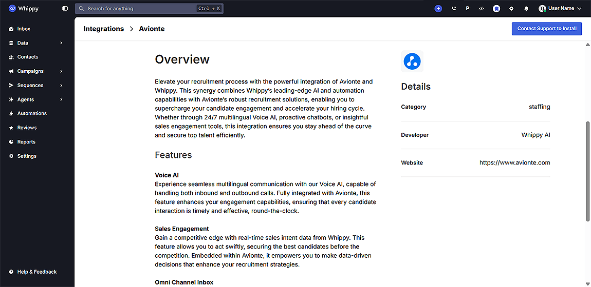 Whippy dashboard showing Avionte integration overview page with features like Voice AI, sales engagement tools, and omnichannel inbox, alongside integration details such as category, developer, and website.