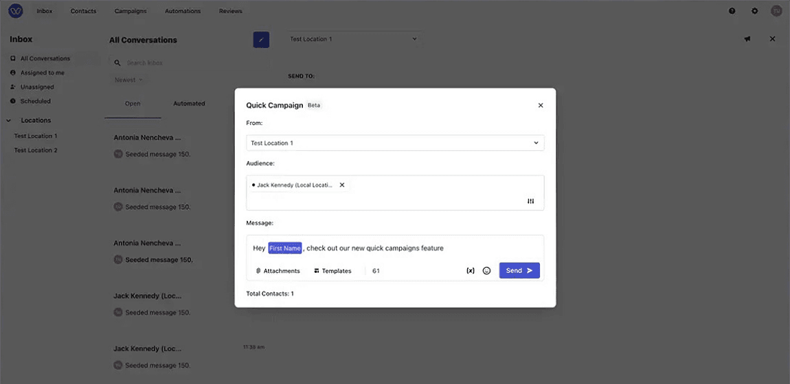 Whippy Quick Campaign interface showing a one-to-one SMS campaign composer with location selection, audience targeting, personalized message using a merge field, attachments, templates, and send controls