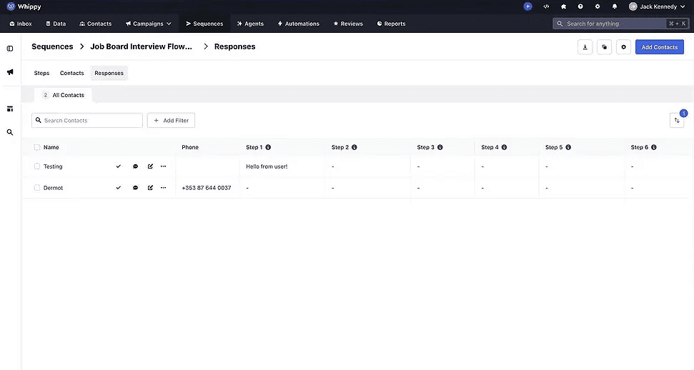 Whippy dashboard showing the Sequences > Job Board Interview Flow > Responses page, with a table of contacts, phone numbers, and step-by-step response tracking across multiple sequence stages, along with search and filtering options