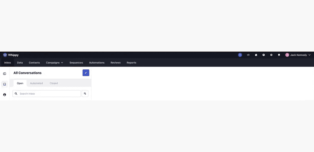 Whippy inbox showing the redesigned top navigation with quick access to conversations, data, contacts, campaigns, sequences, automations, reviews, and reports
