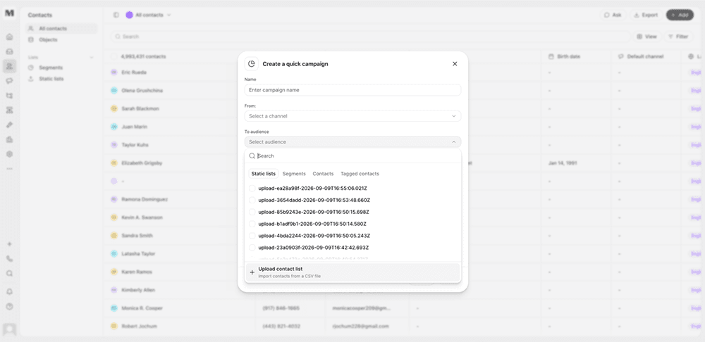 Whippy quick campaign creation dialog for naming a campaign, selecting a channel, and choosing an audience from lists, segments, contacts, or tags