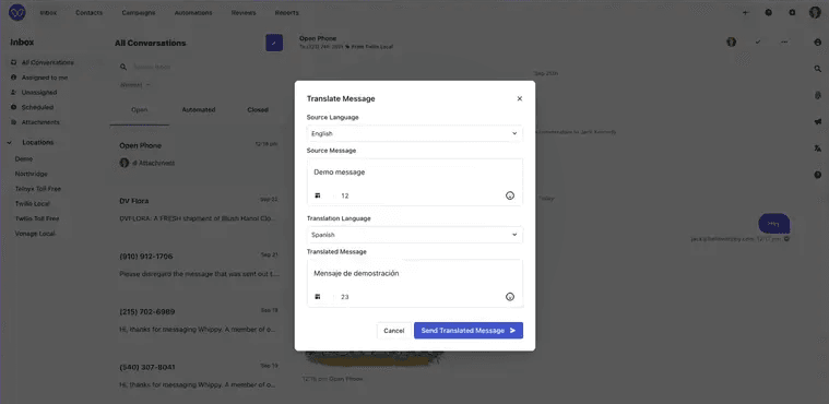 Whippy Inbox Translate Message feature showing an English customer message translated into Spanish with source and translation language selection and an option to send the translated message