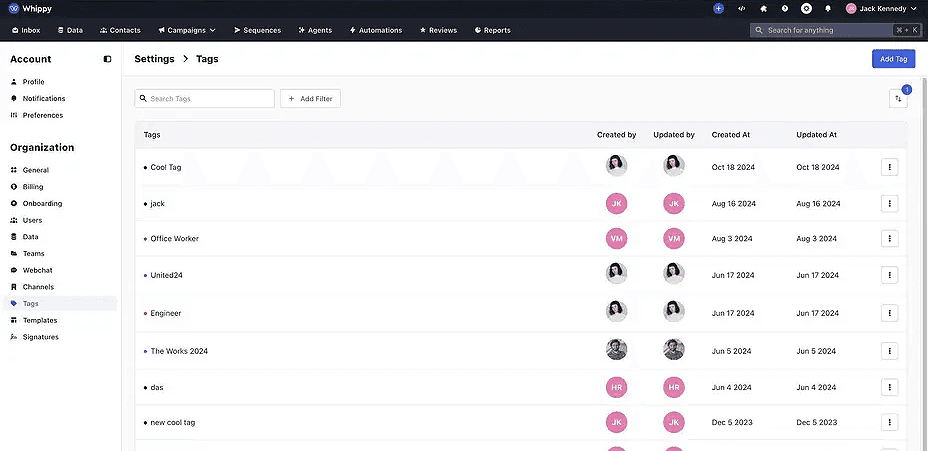 Whippy dashboard interface showing the Settings > Tags page, with a list of tags including names, creators, update history, and timestamps, alongside a left sidebar navigation for account and organization settings