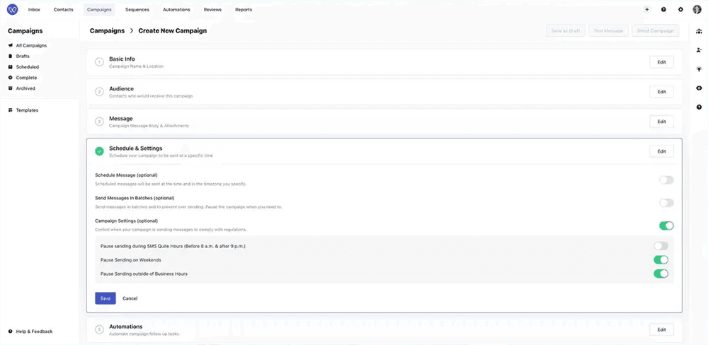 Whippy campaign settings showing scheduling controls to pause SMS sending during quiet hours, weekends, and outside business hours