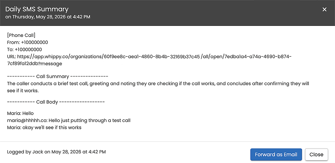 Daily SMS Summary screen showing a logged phone call, AI-generated call summary, call transcript, audit log details, and options to forward the summary via email