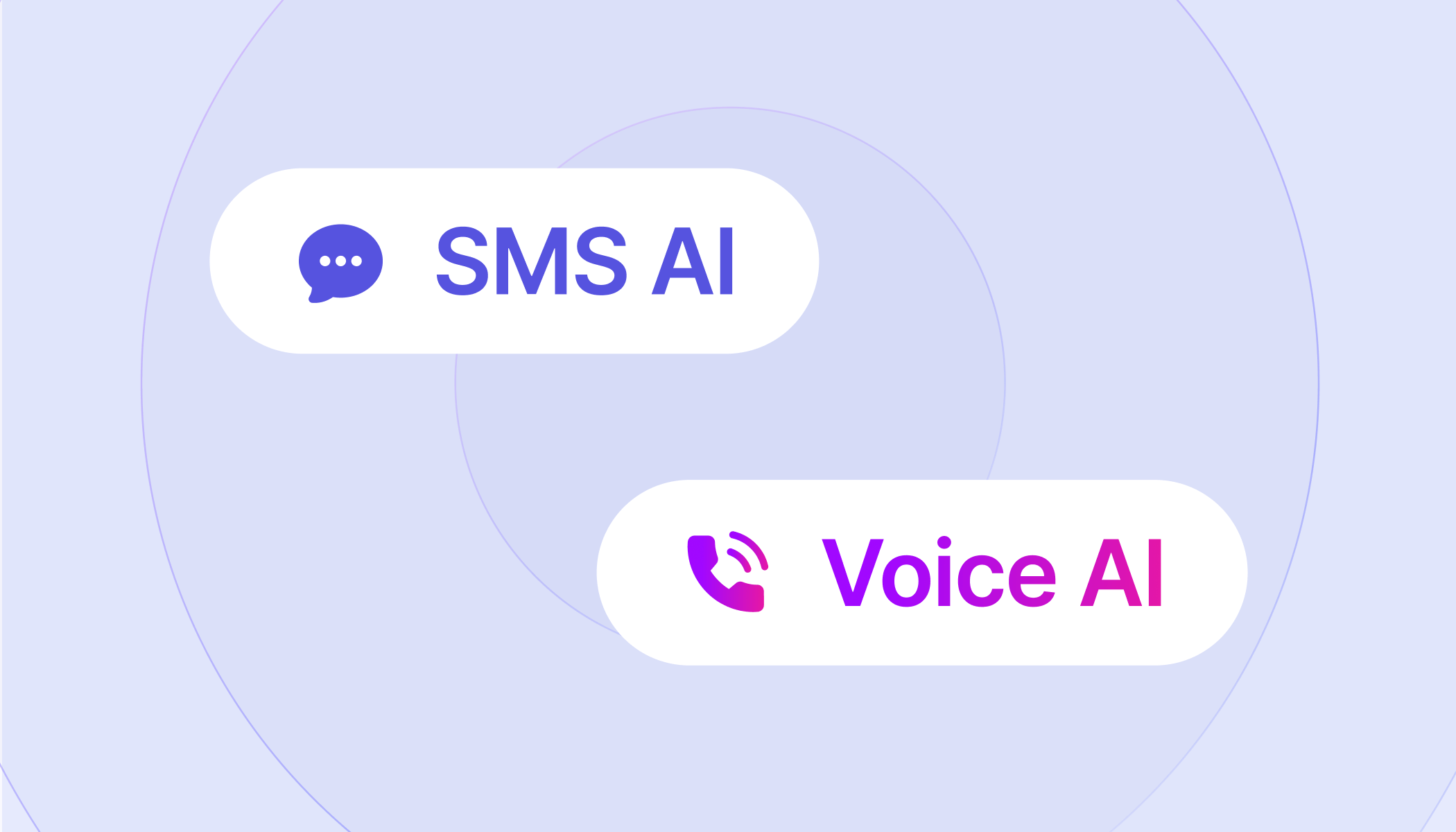 Illustration comparing SMS AI and Voice AI communication tools, featuring a blue chat bubble icon with “SMS AI” and a purple phone icon with “Voice AI” on a light purple background with circular design elements