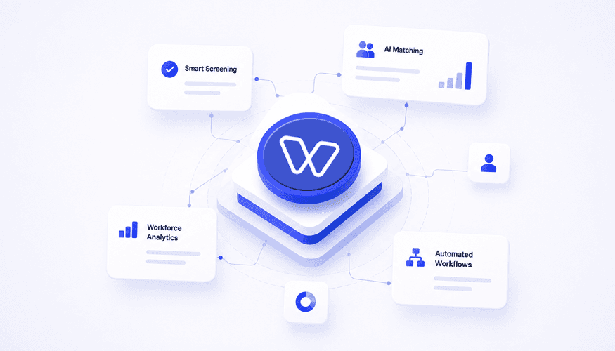 Enterprise AI staffing automation platform illustration featuring smart candidate screening, AI-powered matching, workforce analytics, and automated recruiting workflows in a modern SaaS interface