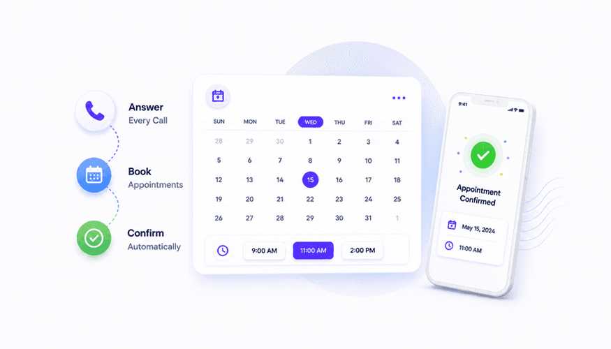 Minimal SaaS-style illustration showing AI-powered appointment scheduling with automated call answering, calendar booking interface, and instant appointment confirmation on mobile