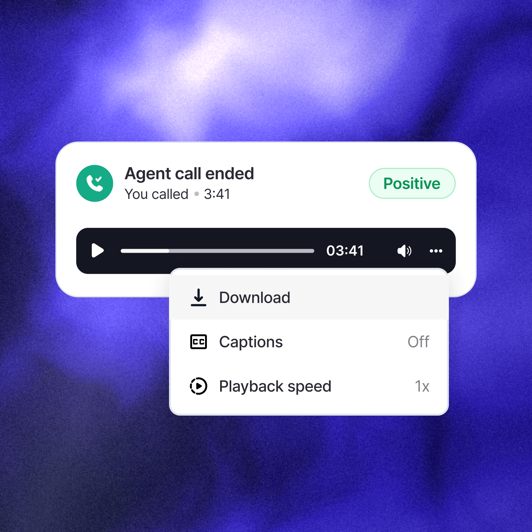 Call recording player showing a completed agent call marked Positive, with an open options menu for download, captions, and playback speed