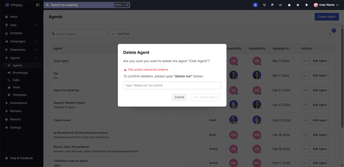 New UX Update: Safer Agent Deletion Confirmation - Image