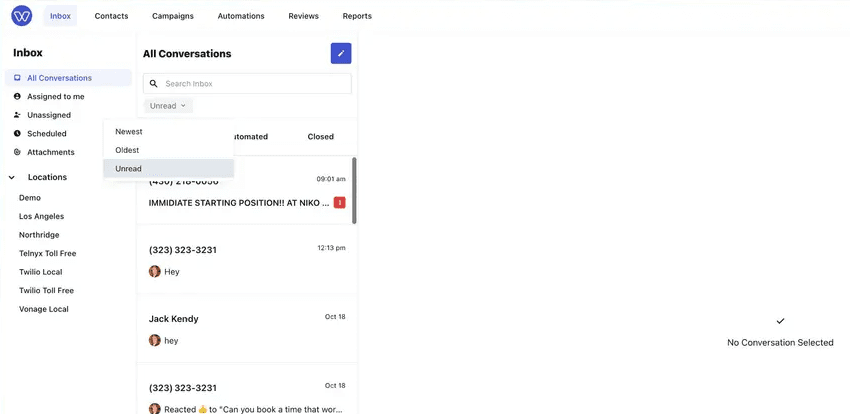 Whippy inbox showing the conversation sort menu with Newest, Oldest, and Unread filtering options