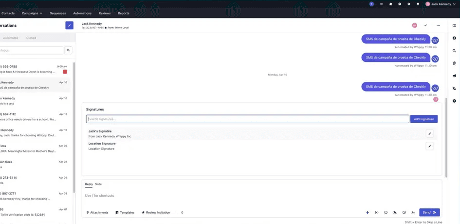 Whippy inbox showing signature management with options to search, add, and edit message signatures within a conversation