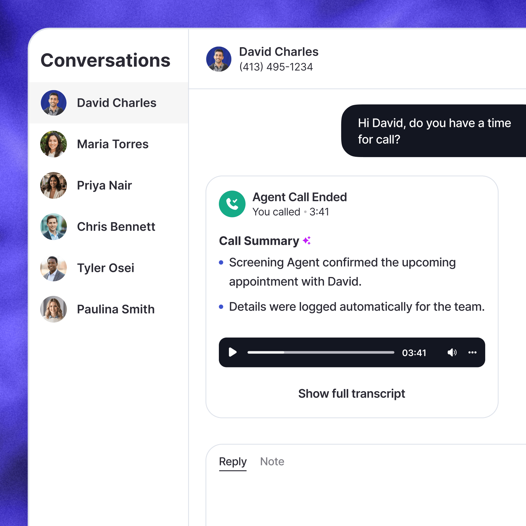 Screenshot of a call agent inbox showing a completed call with David Charles, including an AI-generated summary and audio playback