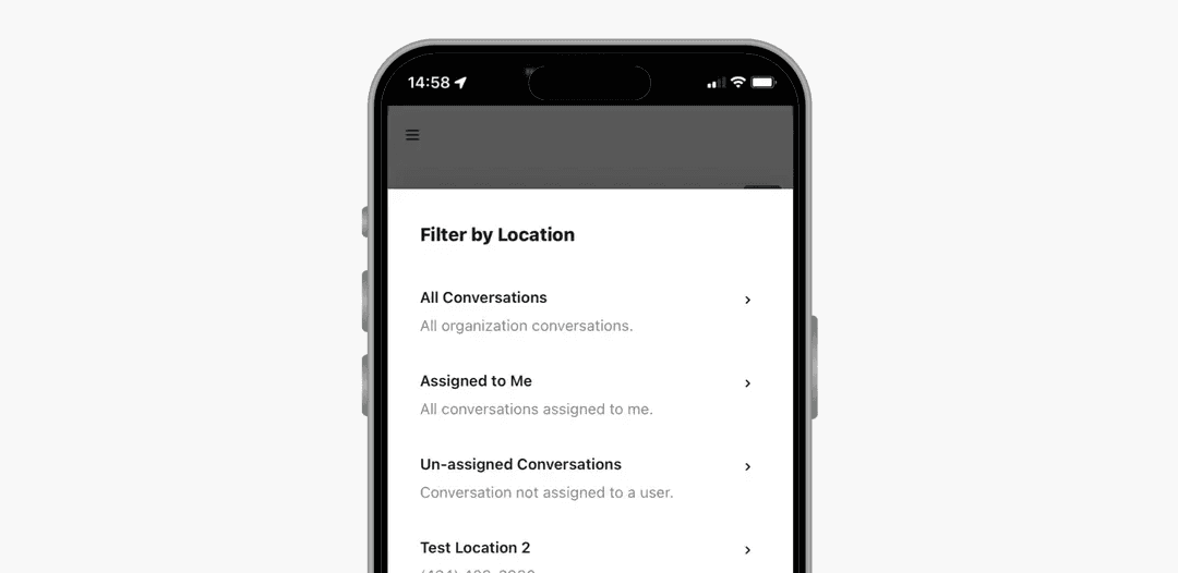 Whippy mobile app Filter by Location screen showing conversation view options