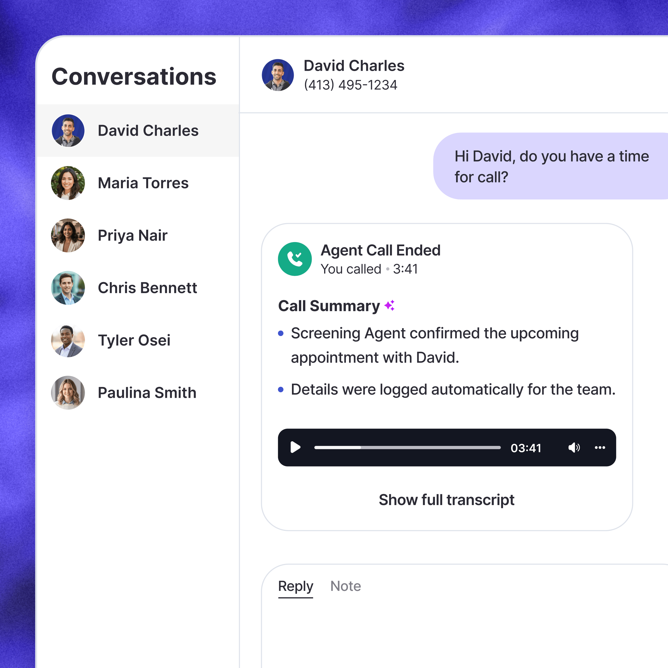 Screenshot of a call agent inbox showing a completed call with David Charles, including an AI-generated summary and audio playback