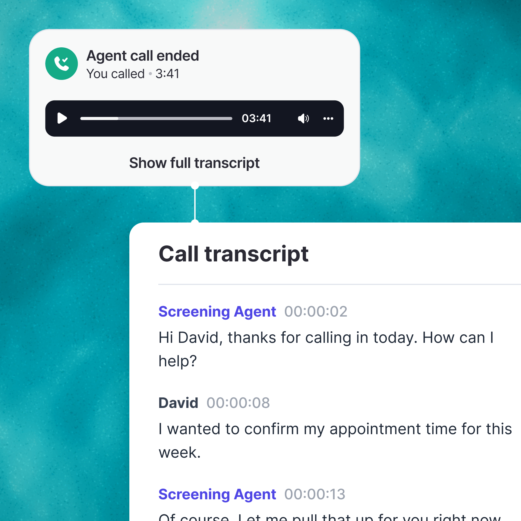 Whippy ended call with recording player and expandable full transcript showing agent and customer dialogue