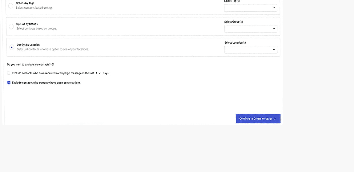 Whippy campaign audience settings screen showing contact targeting options by tags, groups, or locations, along with exclusion rules to skip recently messaged contacts and contacts with active conversations