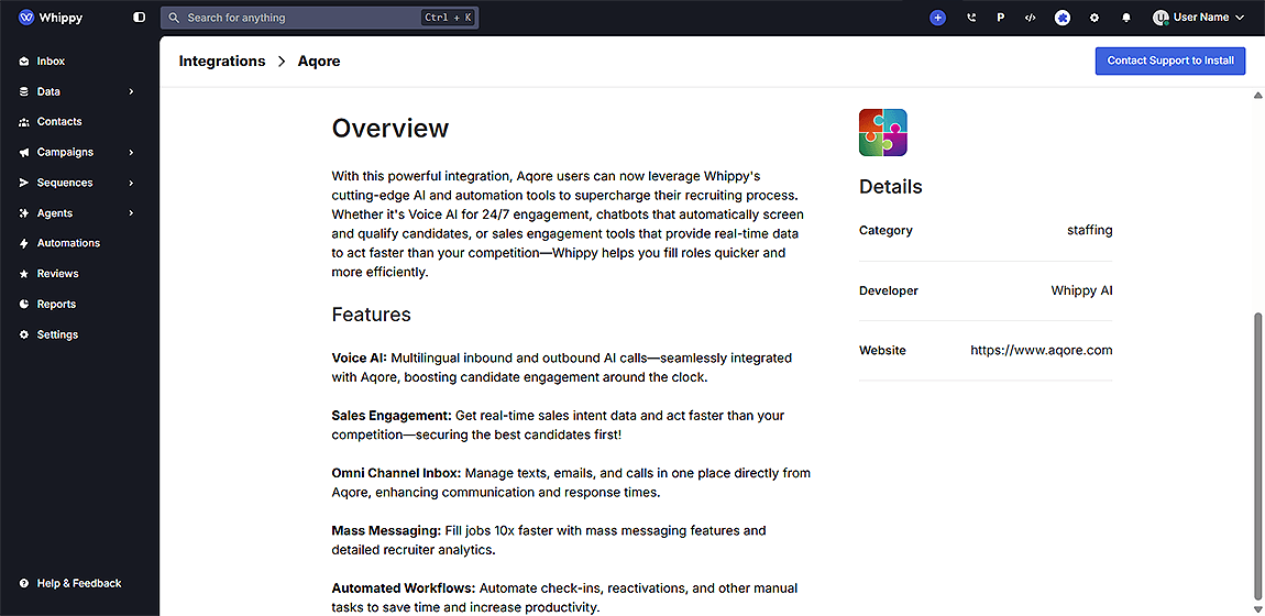 Whippy and Aqore integration dashboard displaying AI recruiting features, voice AI automation, and tools for candidate engagement and staffing workflows.