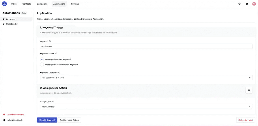 Whippy automation settings page showing a keyword-triggered workflow configuration, with options to match inbound messages by keyword, define trigger locations, and automatically assign conversations to a specific team member