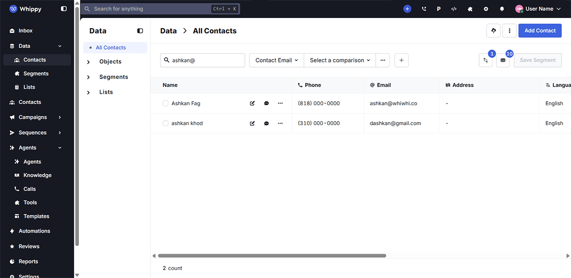 Whippy contacts dashboard showing contact list with name, phone, email, and filtering options