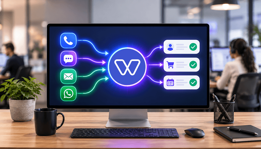 AI customer support automation managing phone, chat, email, and WhatsApp conversations